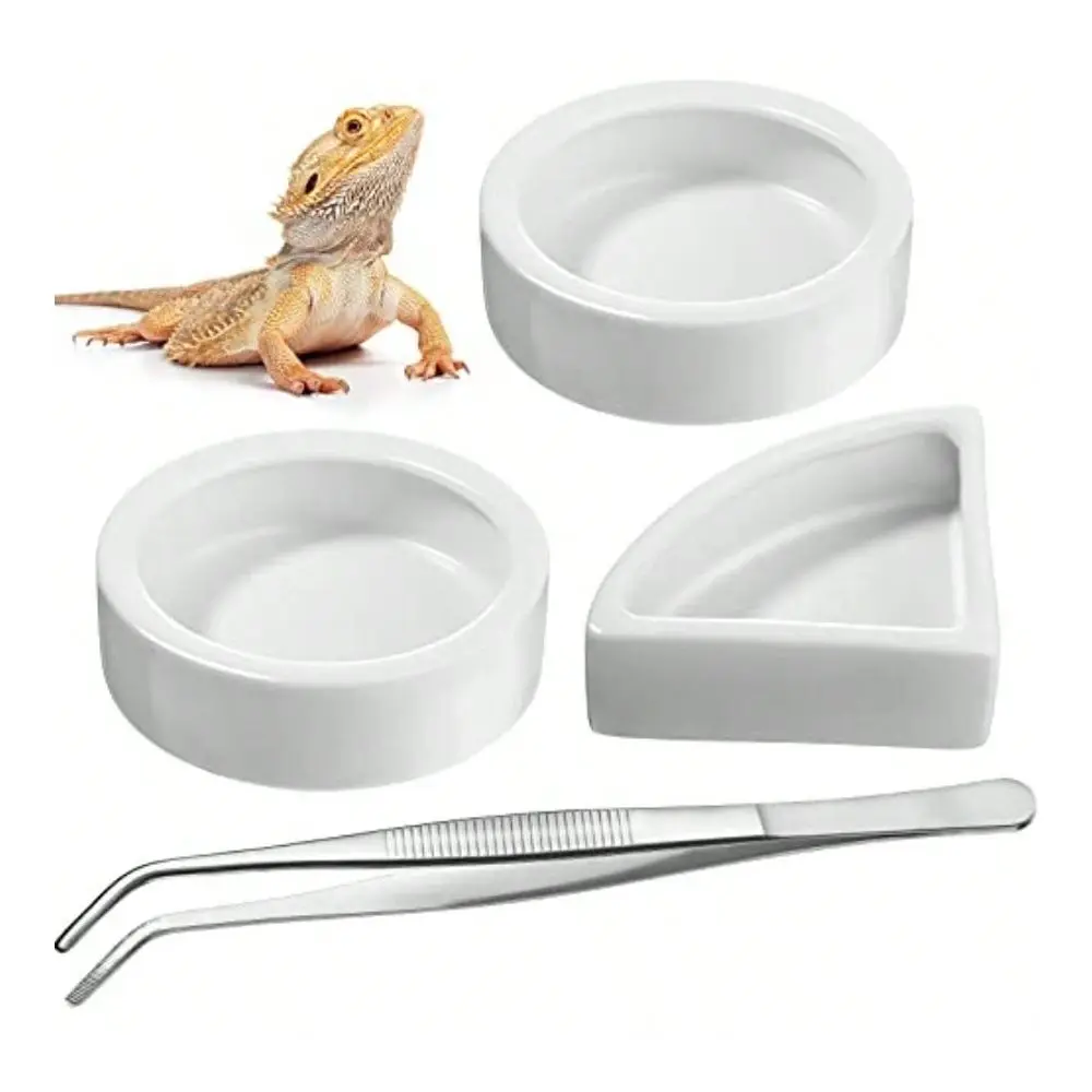 

Pcs Reptile Food Water Bowl Set, 2 Round Reptile Food Dish 1 Corner Water Dish And 1 Feeding Tongs For Bearded Dragon Leopard G