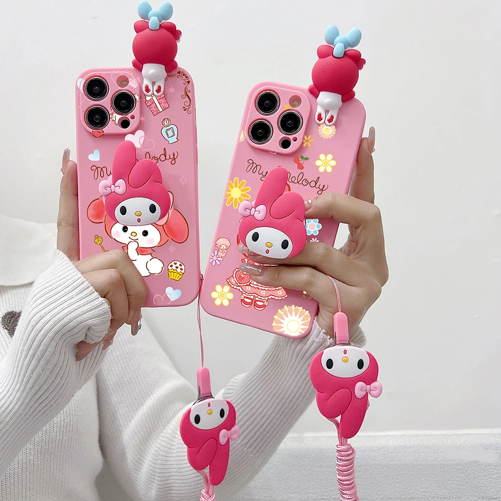 My Melody Kitty Head Case With Holder Rope Soft Cover For iPhone 16 15 14 13 12 Mini 11 Pro X XS Max XR 7 8 6 6S Plus SE