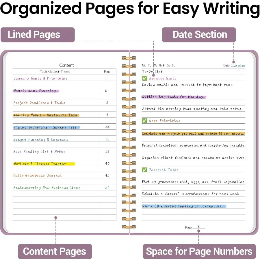 Cuaderno de diario en espiral forrado, cuaderno universitario A5 con rayas para hacer notas y planificación diaria, tapa dura duradera con un