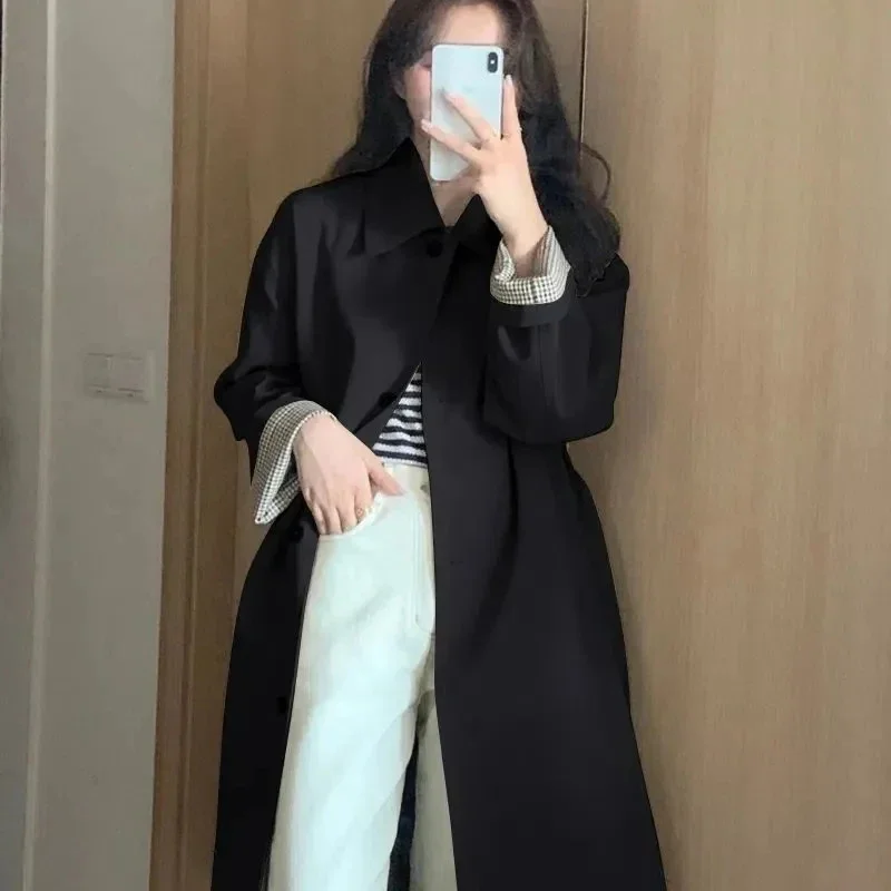 Elegant Fashion Trench Coat Women Autumn Single Breasted Turn Down Collar Long Sleeve Mid Length Coat Korean Streetwear Bf Coat