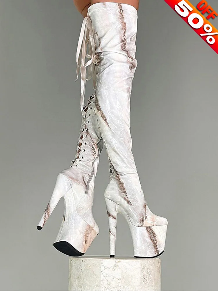Sexy over the Knee Boots 20cm Lace-Up Platform Patent Leather Stripper Heels for Exotic Dancer Pole Dance 8-Inch High Heels
