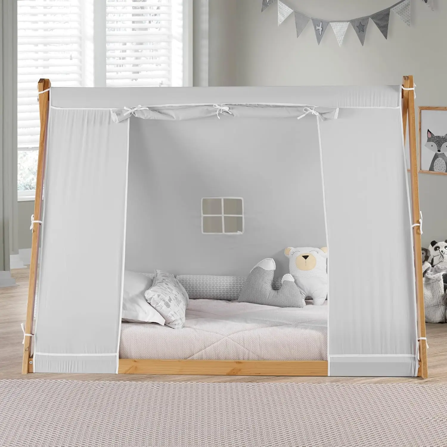 P'kolino Tent Twin Floor Bed - Natuurlijk of wit frame, grijs, kinderslaapkamermeubilair... (Natuurlijk frame)