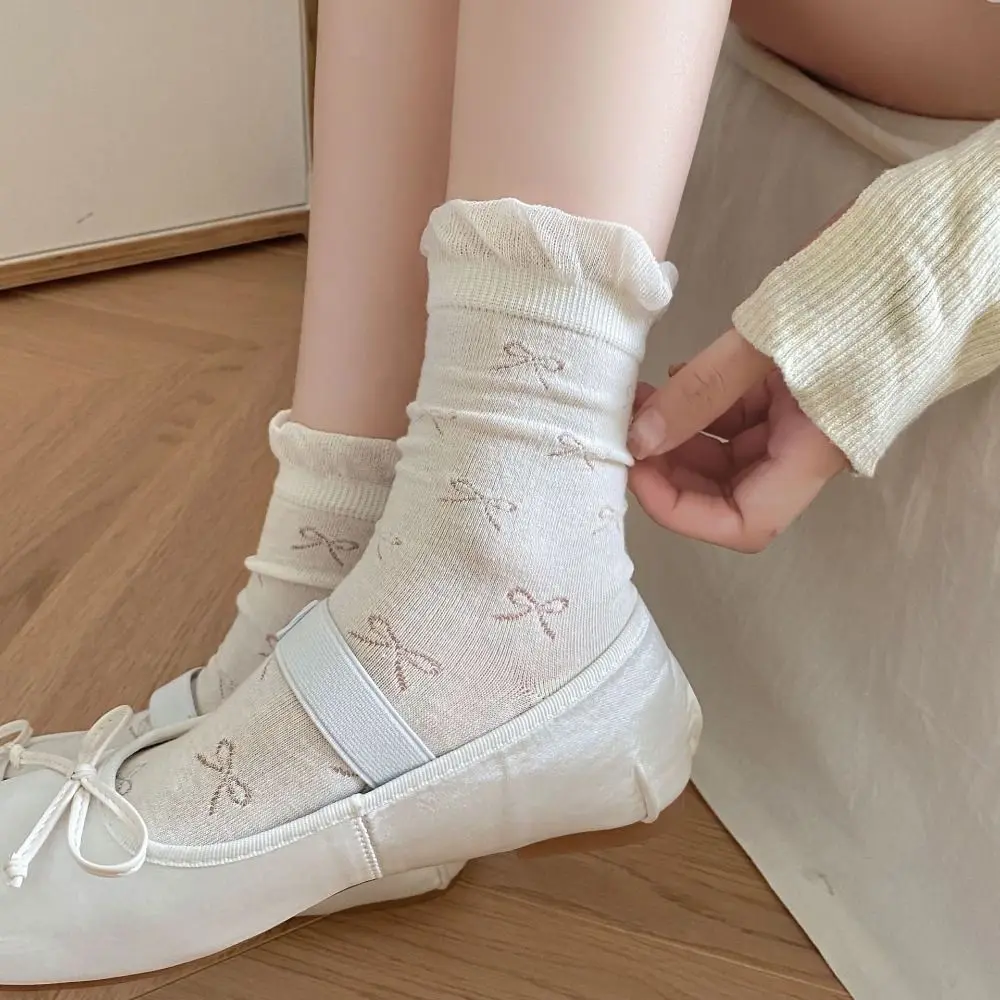 Fashion Bowknot Long Socks Thin Hollow Out Stockings Solid Color Spring Summer Socks for Girls