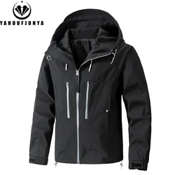 2024 New Autumn Men Outdoor Casual Fashion Solid Hooded Jacket Men Many Pocket Windproof Waterproof Breathable Jacket Male Coat