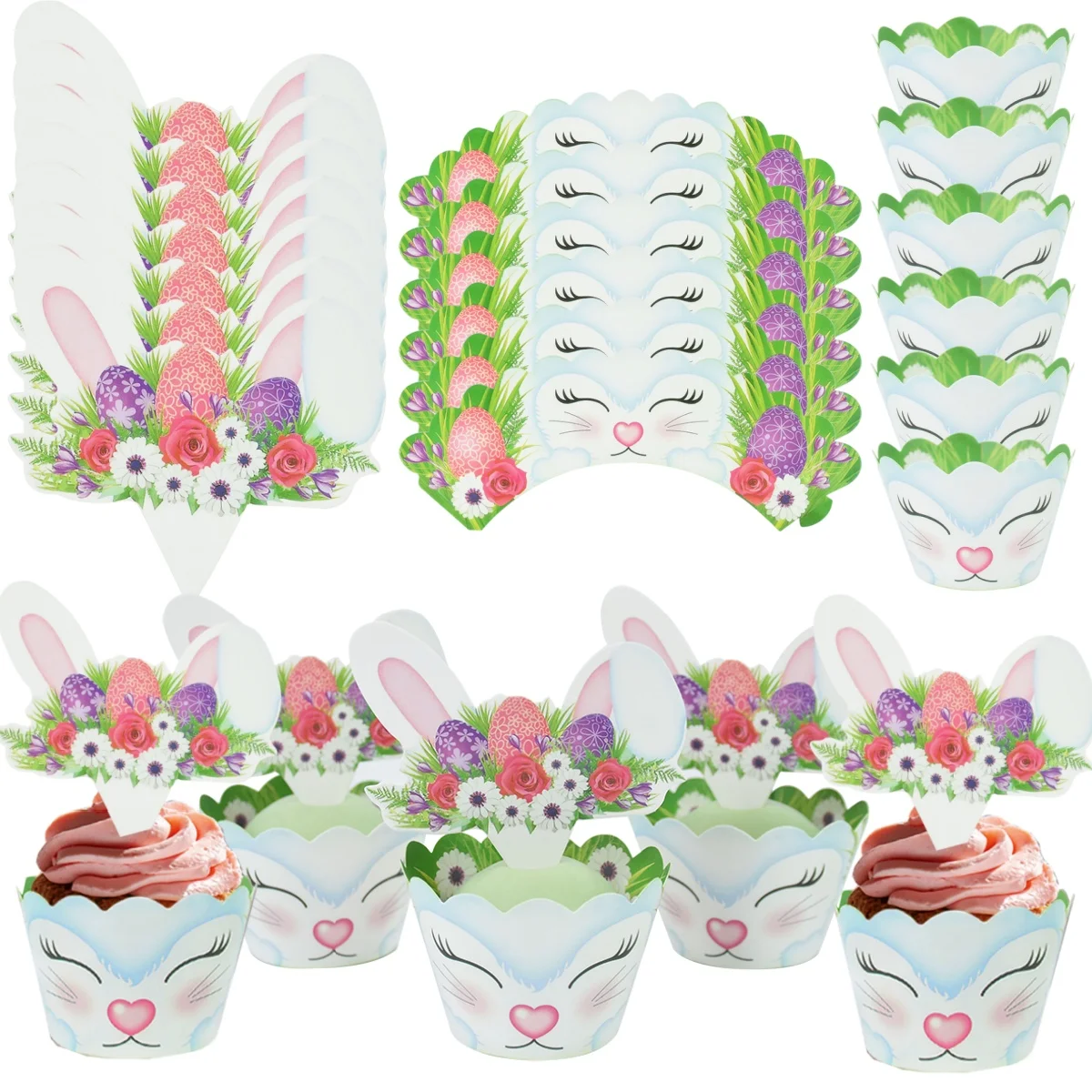 12pcs Cute Bunny Cake Toppers Cupcake Wrappers Rabbit Eggs Easter Party Decoration Birthday Baby Shower Dessert Baking Supplies