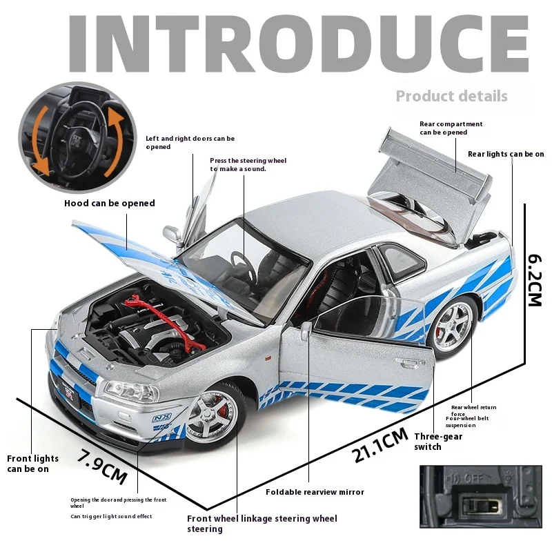 Model samochodu GTR-R34 ze stopu w skali 1:24 z autentycznymi efektami dźwiękowymi, wysokiej jakości zabawka kolekcjonerska dla dzieci i dorosłych.