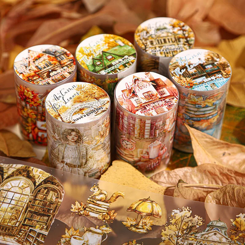 

6 рулонов — декоративная лента для планировщиков из матового ПЭТ с осенним пейзажем и теплыми оттенками, для скрапбукинга и рукоделия