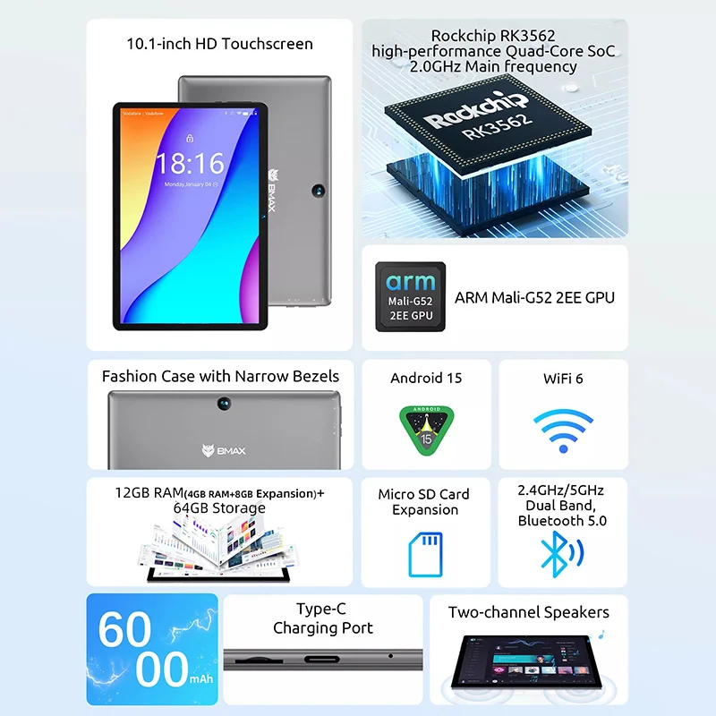 Tavoletta per bambini BMAX I9 Plus |   10,1" HD |   Android 15 |   8 GB+64 GB |   Quad-Core RK3562 |   WiFi 6 |   Custodia antiurto |   Controllo parentale |   L L