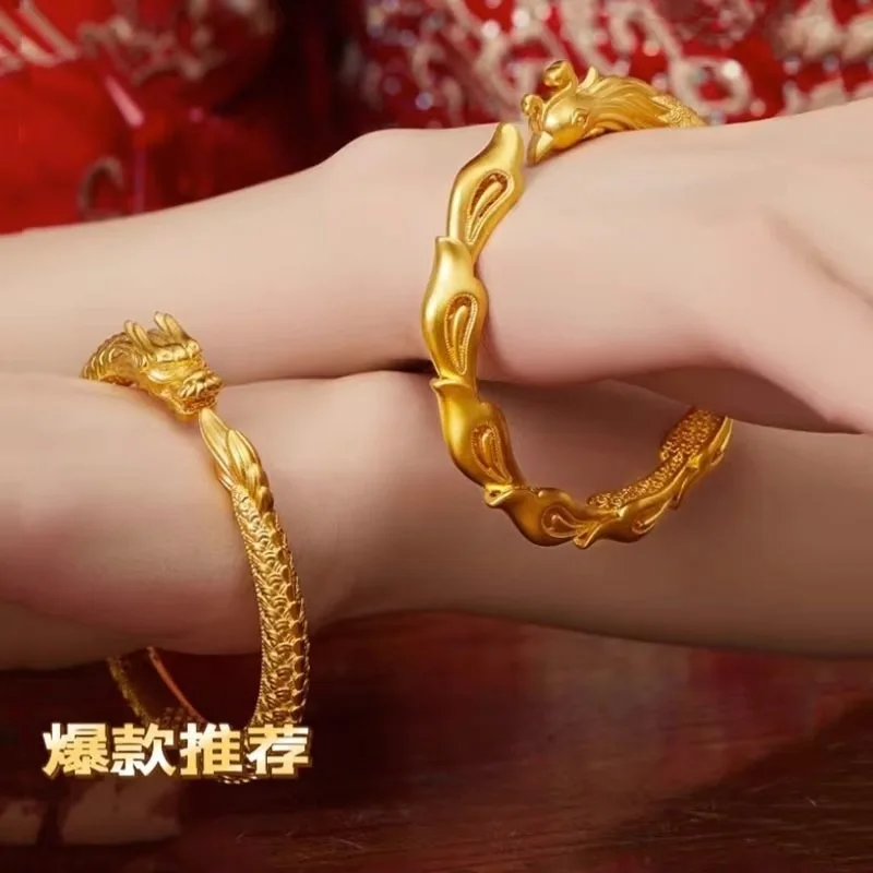 Unisex 24K Gold Retro Dragon Phoenix Bracelet, AU999 | Distressed scale-feather texture, rustic elegance for traditional fashion