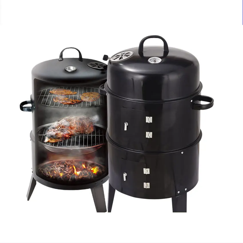 Outdoor courtyard three-in-one black smokehouse, stewing oven, barbecue oven, round smokehouse, charcoal barbecue oven in stock.