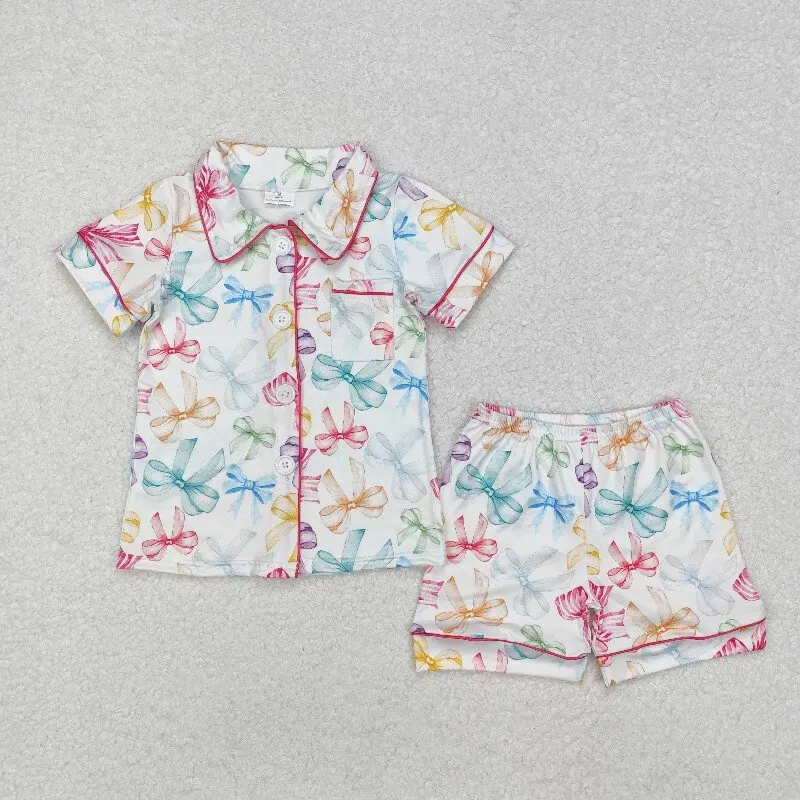 New rts baby girl summer set wholesale boutique pink bow pattern short sleeve shorts pajamas set