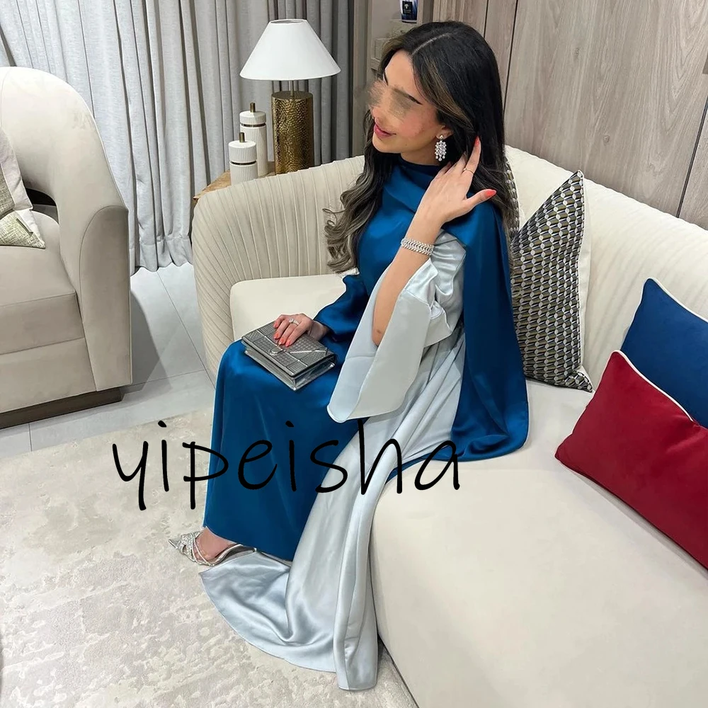 Yipeisha Elegant Simple Blue Satin Party Gowns stitching color A-line Crew Neck Women Cape Ankle Length Evening Dresses