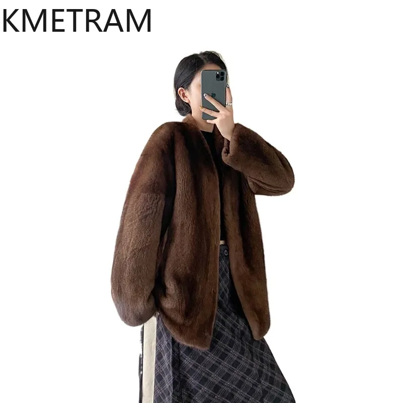 KMETRAM Top Quality Velvet Mink Coat Woman Luxury Real Fur Jacket V-neck Women Winter Coats Mid Length Whole Mink Fur Outerwear