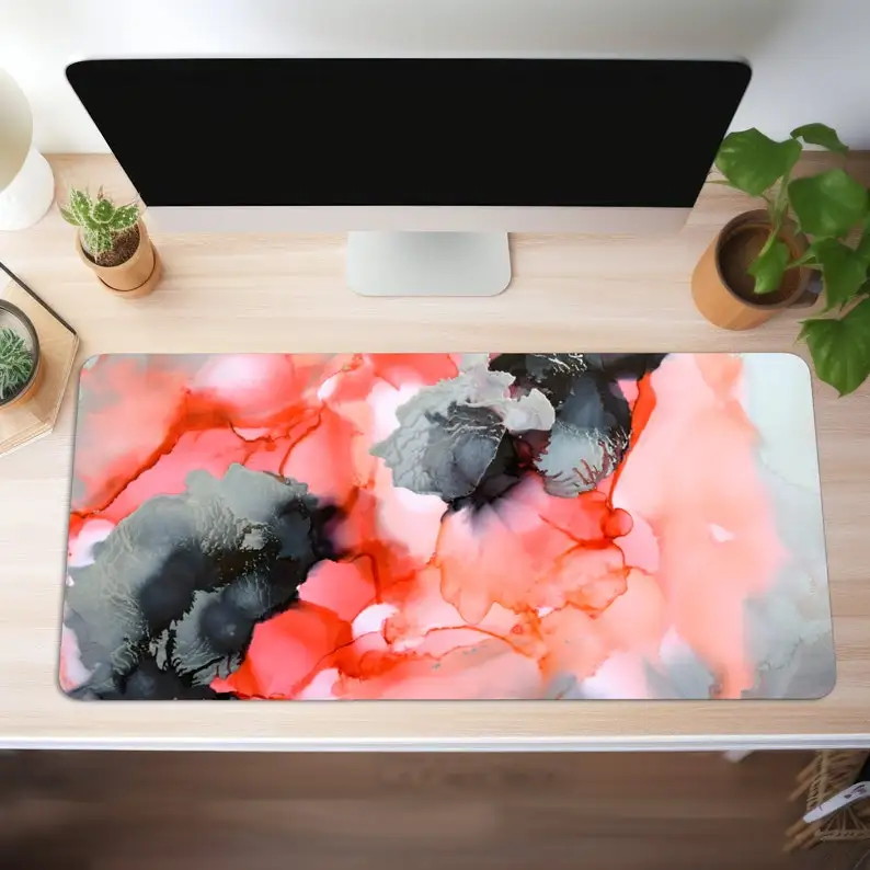 

Coral-colored Original Art Deskmat, Pink Marble Deskmat, Painting Art Deskmats,large Mouse Pad, Alcohol Ink Modern Art Desk Mats