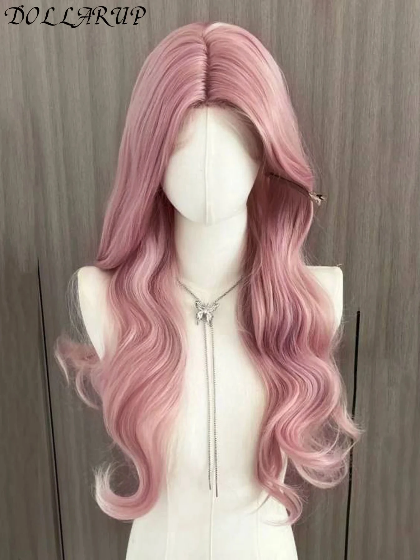 JKL الوردي شعر مستعار طويل متموج بيروكات صناعية الجزء الأوسط شعر مستعار موجة طبيعية مقاومة للحرارة تأثيري شعر مستعار يومي مناسبة للنساء #4