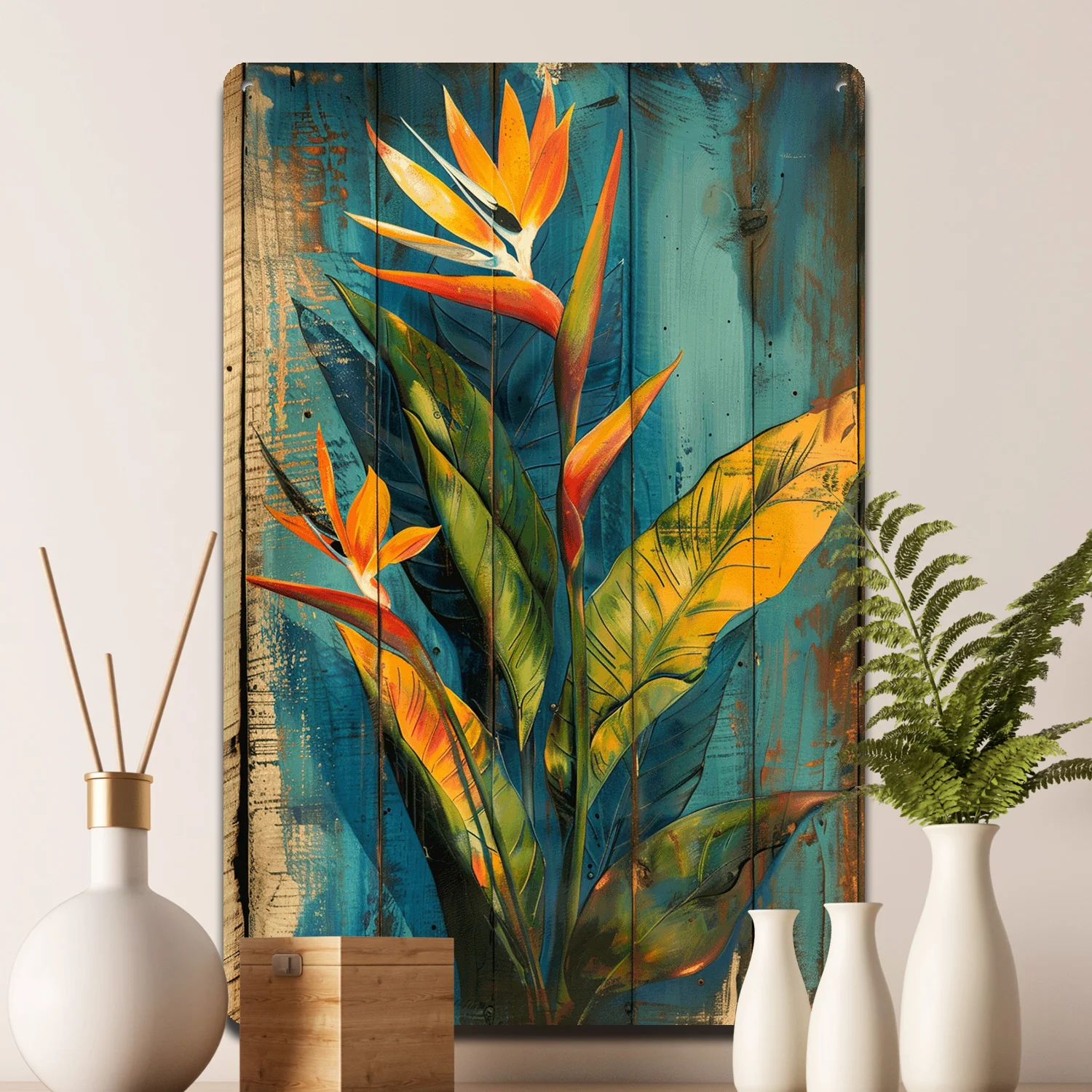 2D Flat 1pc 8x12 Inch(20cm X 30cm) Vintage Bird of Paradise Tin Sign for Exotic Garden Decor Rustic Wall Art and Distressed Wo