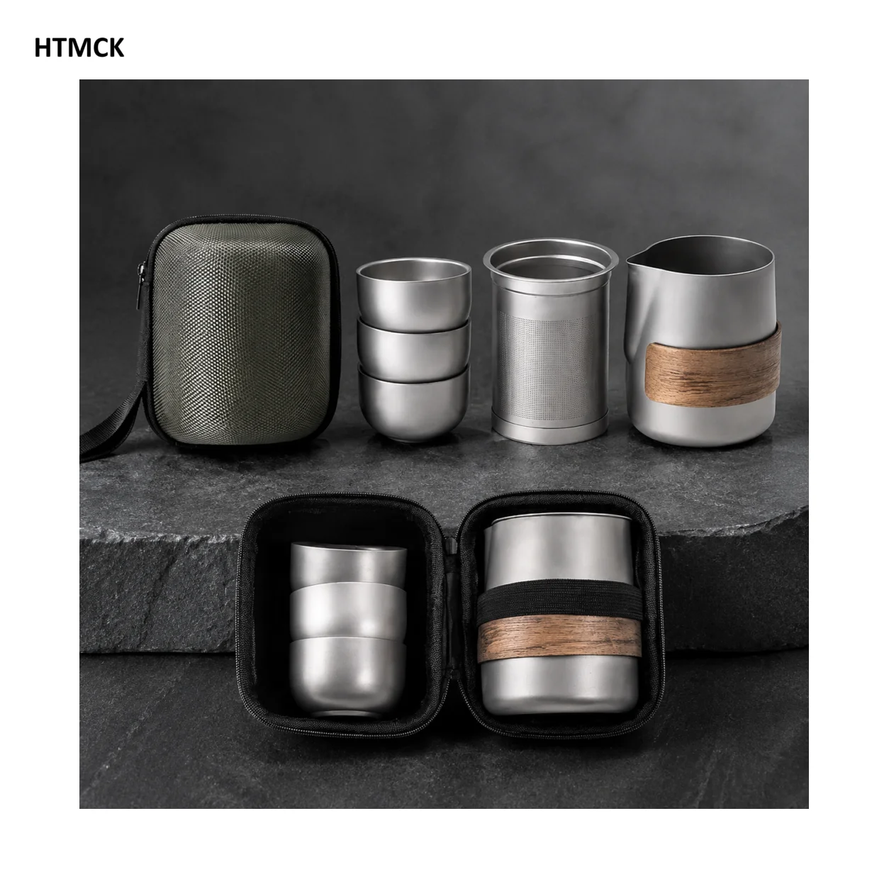 Titanium-plated Stainless Steel Portable Travel Tea Set, Including Teapot and Double-Walled Tea Cups, Lightweight Outdoor Campin gallery 5