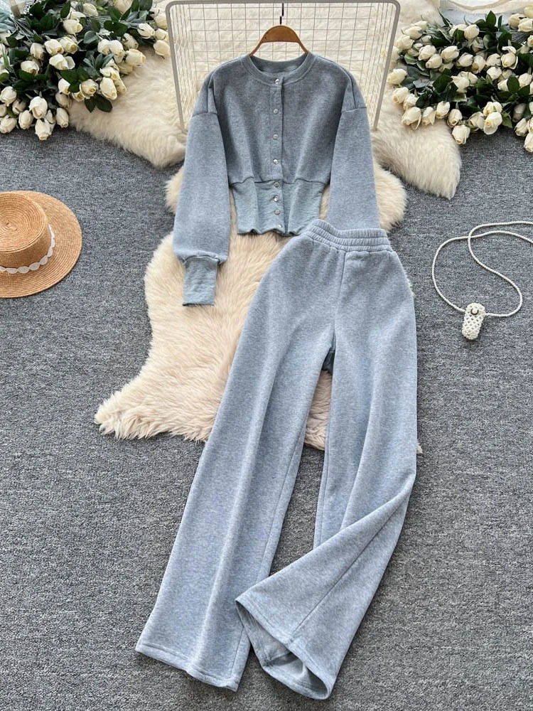 

Round neck commuting slimming cardigan high waist versatile wide leg pants women's spring new solid fashion two-piece set