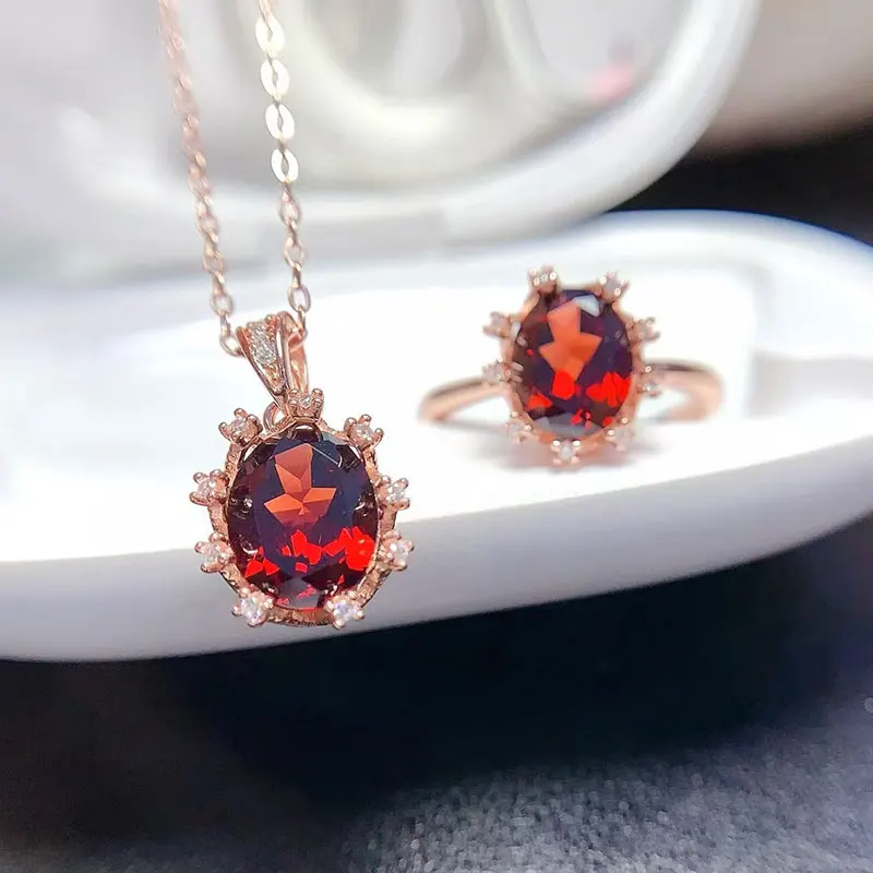 

Классический комплект ювелирных изделий из серебра 925 пробы с драгоценными камнями, 7 мм * 9 мм, кулон из натурального граната, кольцо из настоящего граната класса VVS с позолотой 18 карат