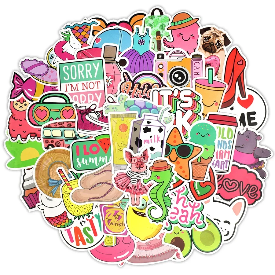 50 PCS Pink Girls Cute Stickers Trendy Kawaii Summer Beach Sticker for Suitcase Moto Car Laptop Guitar Bike Gifts Toys for Kids