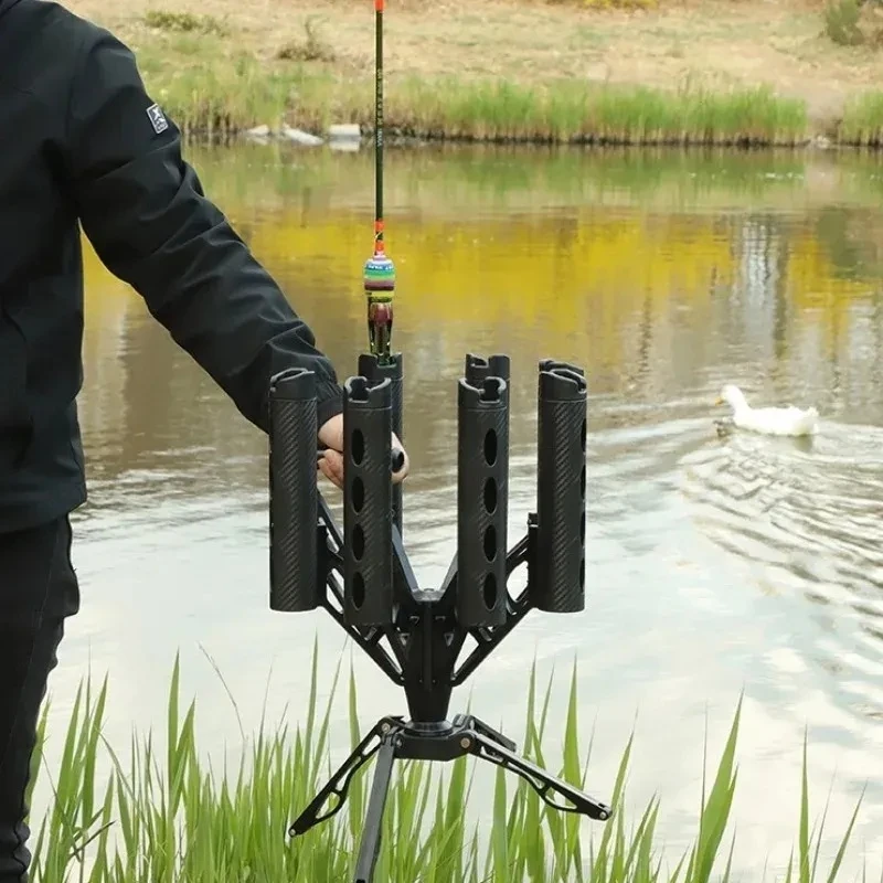 

360 Degree Rotating Gatling Fishing Rod Holder 7 Rod Slots Carbon Fiber Portable Tripod Stand For Outdoor Fishing Anglers