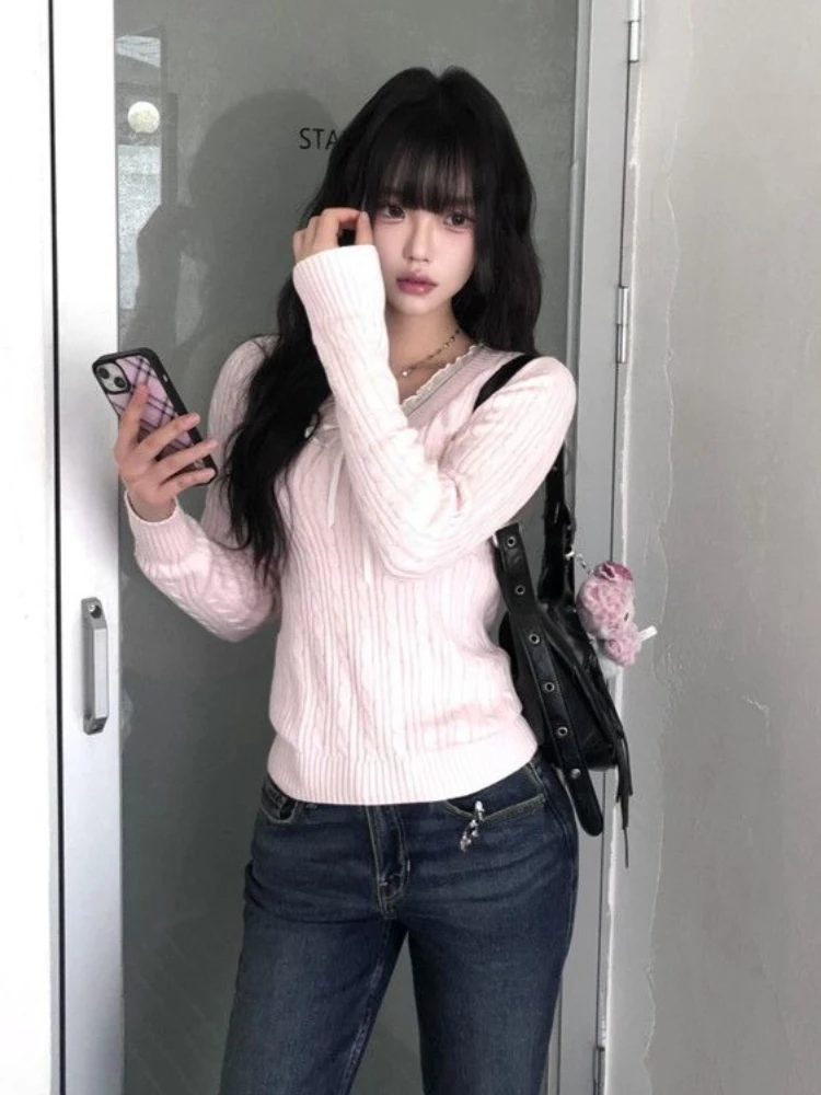 Pink Sweet Y2K Fake Two Piece Knit Sweater Top Women Autumn Lace Trim Bow V Neck Slim Fit Cropped Long Sleeve Daily Outfit 2026