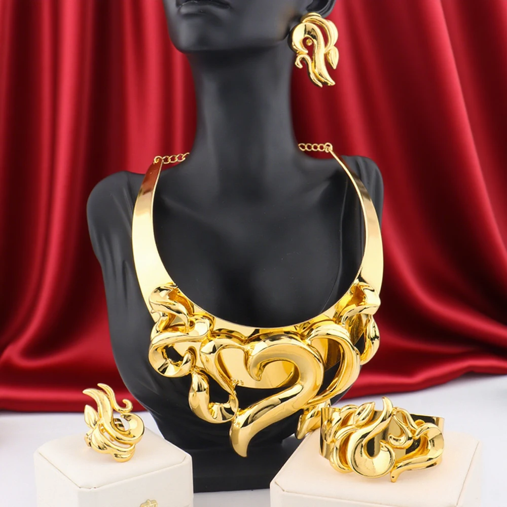 

New Trendy Gold-plated Luxury Africa Dubai Necklace Earrings Ring Bracelet Sets For Women Wedding Party Bridal jewelry Sets