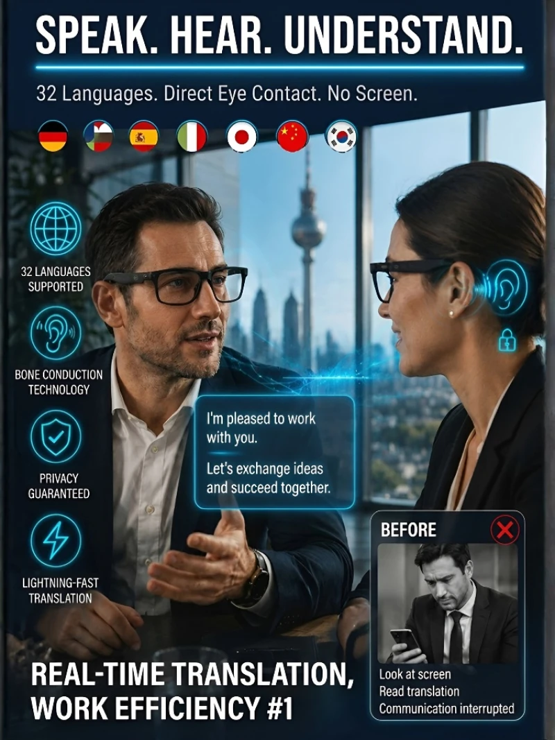 AI Smart Sunglasses Real Time Translation Auto Zoom Sunglasses Voice Translator Smart Glasses UV Protection Fashion Shades
