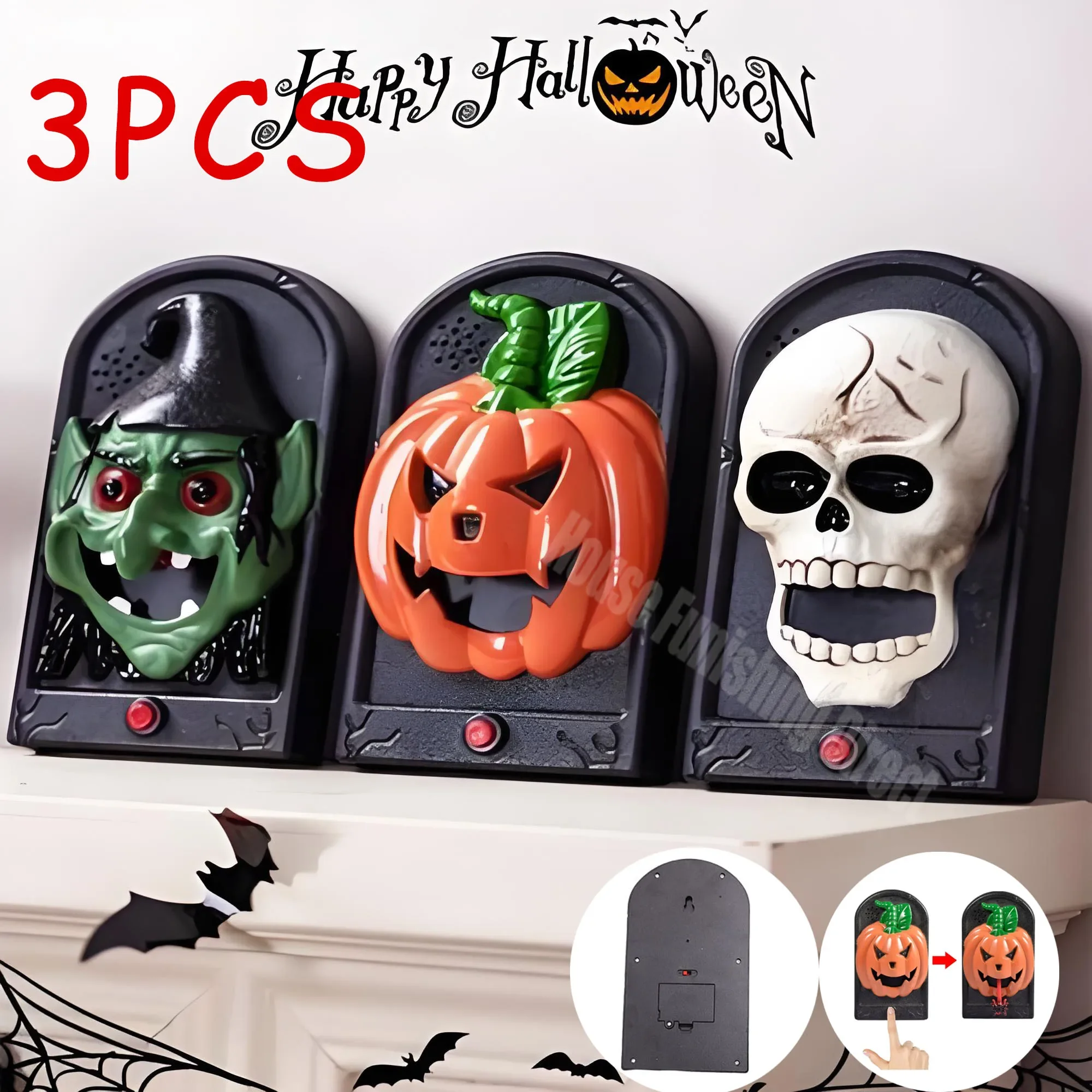 Sonnette hantée d'Halloween avec globe oculaire animé, décoration de fête, sons effrayants
