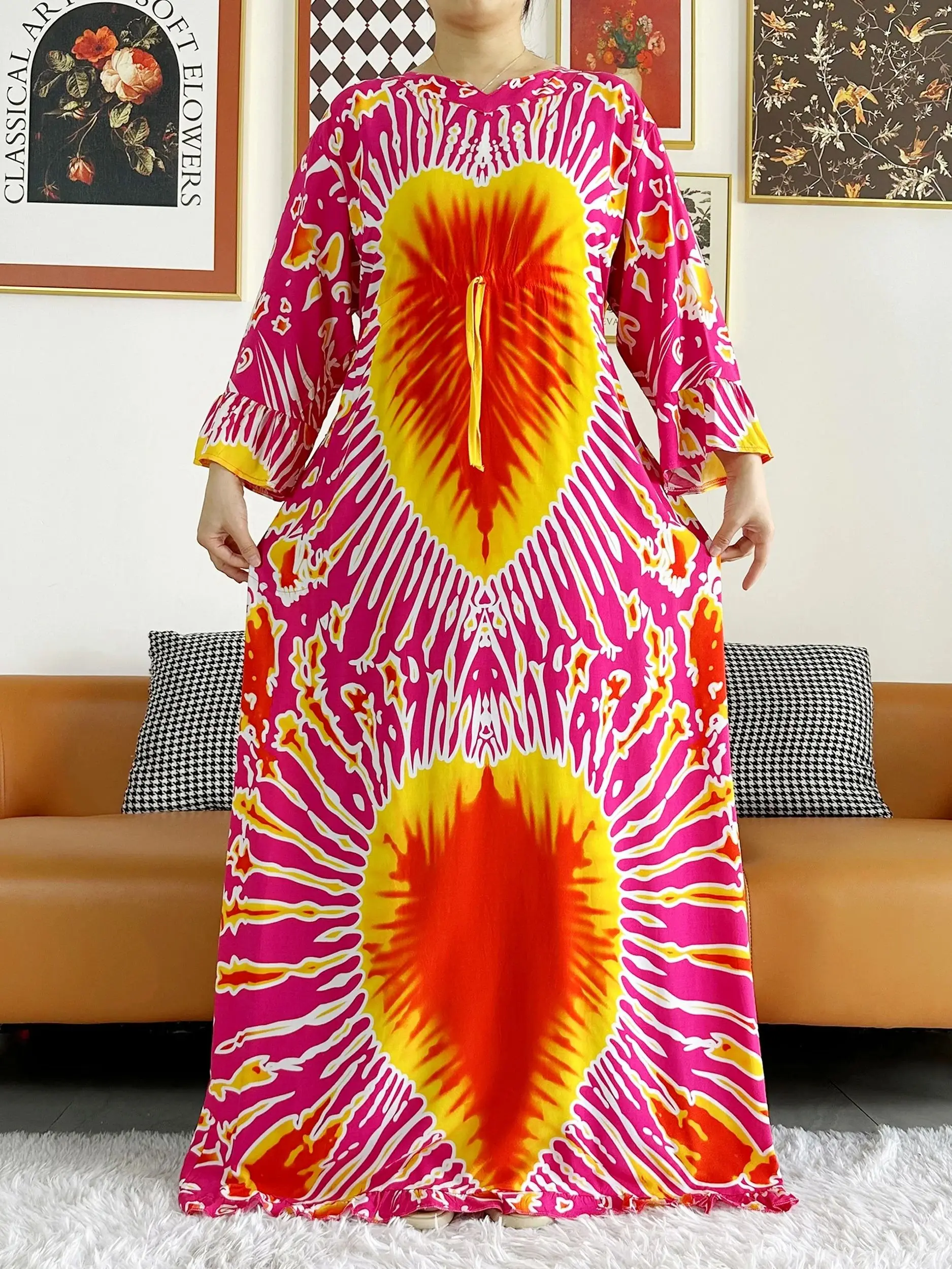 2024 Muslim Long Sleeve Tie-dyed Dashiki Cotton Floral Dress Printing Loose Caftan Dress Islamic Clothing Casual Vestido