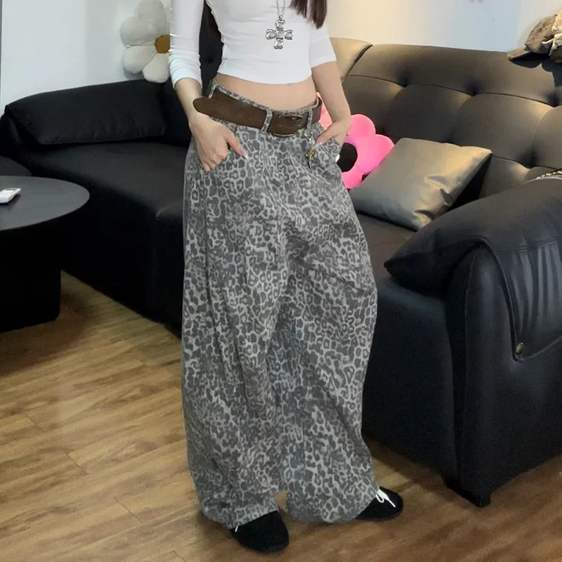 الخريف سيدة الشارع الشهير موضة سراويل جينز الفتيات Vintage ليوبارد طباعة منخفضة الخصر الجينز المرأة شيك فضفاض مستقيم الساق السراويل #5
