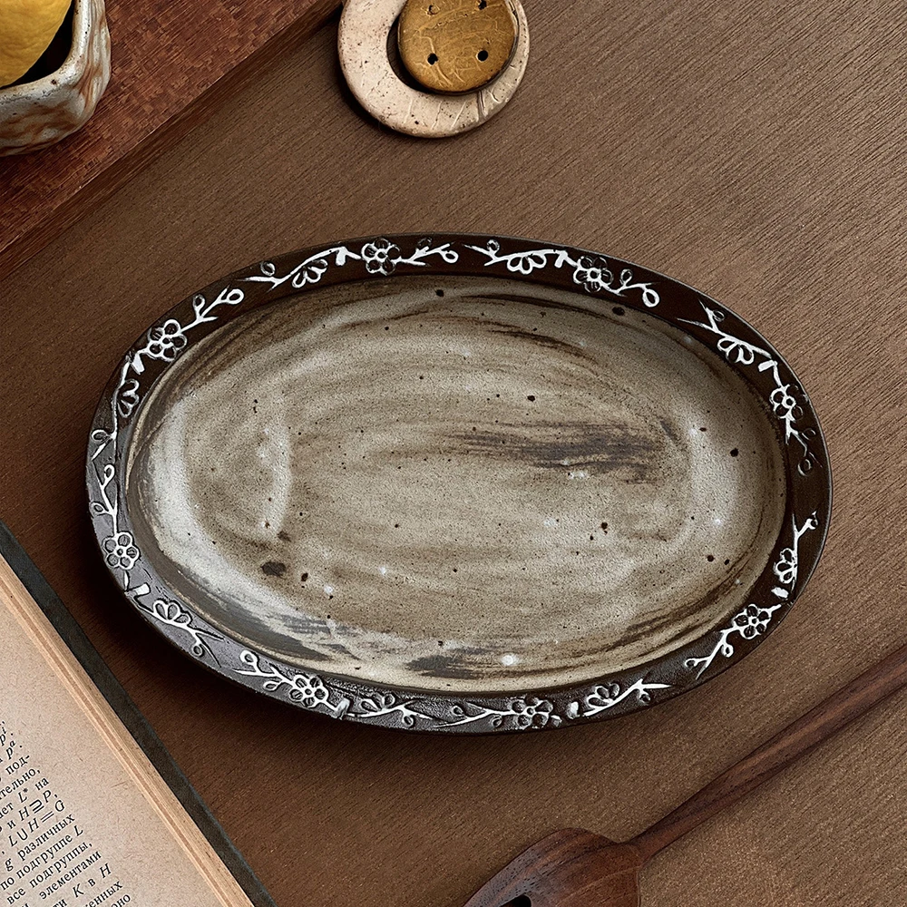 Vintage Oval Coffee Ceramic Plate White Floral Rim Speckled Texture Dessert Bread Dining Plates Kitchen Dinner Dish Tableware