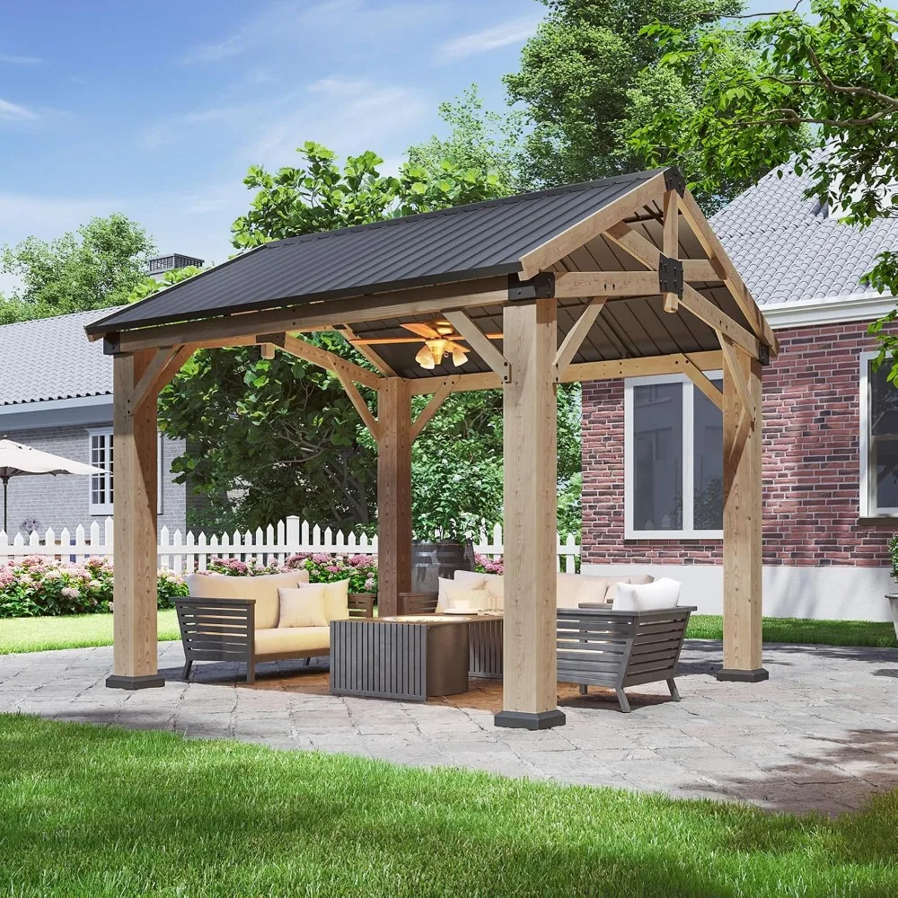 10' X 10' Outdoor Wood Gazebo, Hardtop Gazebo Permanent Wooden Pavilion with Galvanized Steel Gable Roof, Customized
