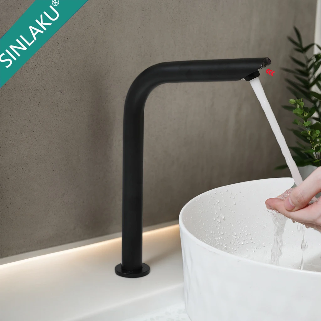SINLAKU Matte Black Touchless Sensor Bathroom Sink Faucet, Countertop-Mounted Automatic Basin Tap with High Arc Spout