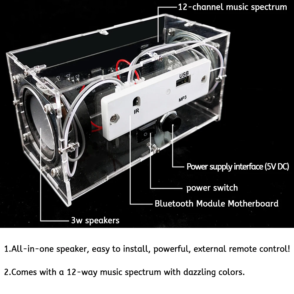 DIY Bluetooth Speaker Soldering Kit with 12-channel LED Lights Bi-Channel Multi-Functional Small Amplifier Mini Speaker