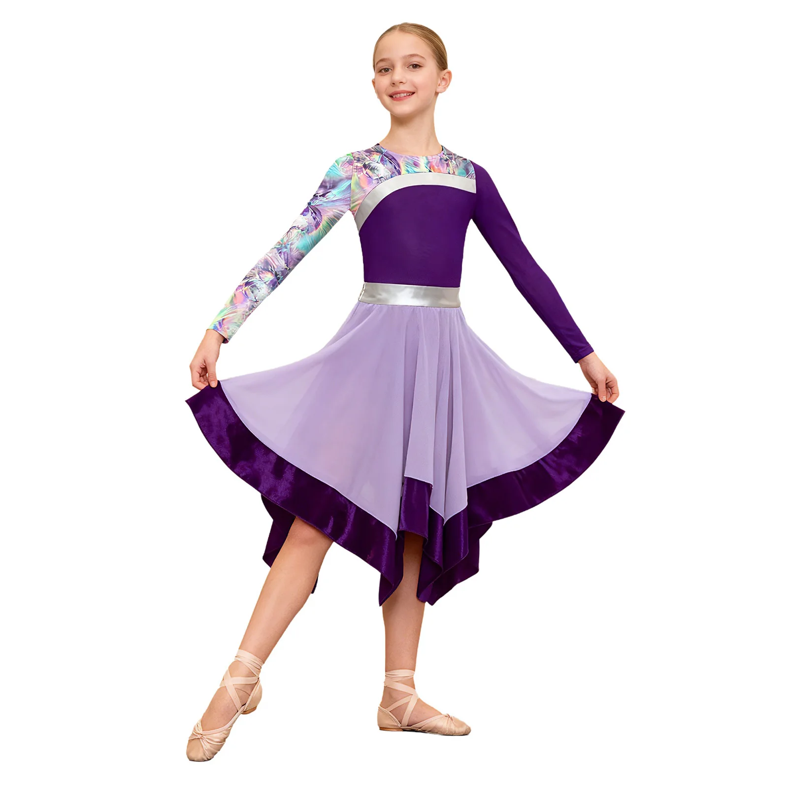 

Kids Girls Lyrical Modern Ballroom Dance Performance Dresses Long Sleeve Worship Choir Contemporary Stage Competition Outfits