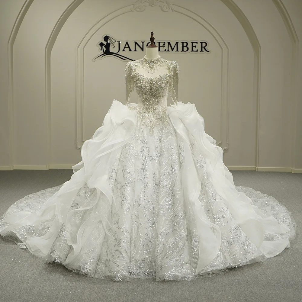 

Shining Ball Dress Ball Gown Lace Decal Fluffy Wedding Dress High-neck Short Sleeve Wedding Party Dress Customized robe de marié