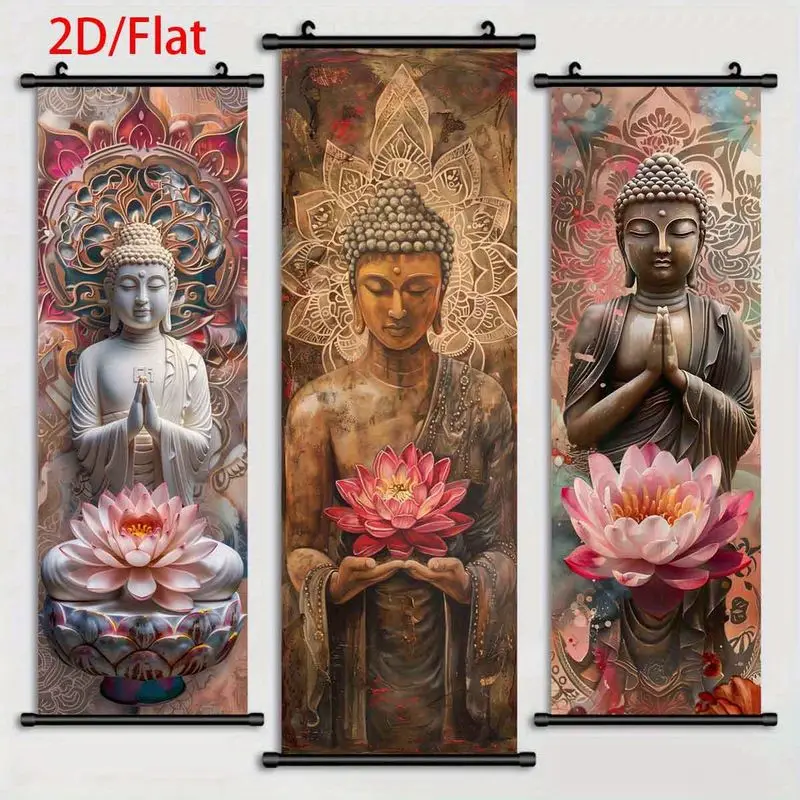VIKAMA Buddha and Lotus Flower Scroll Tapestry, Zen-Inspired Buddha and Sacred Lotus Flower Vertical Wall Hanging, Home Decor