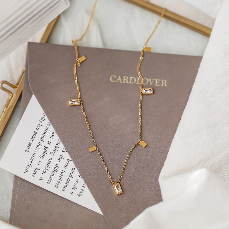 Fashion Geometric Rectangle Crystal Stainless Steel Chain Tassel Necklace Women Girl Luxury Jewelry Gift Wholesale