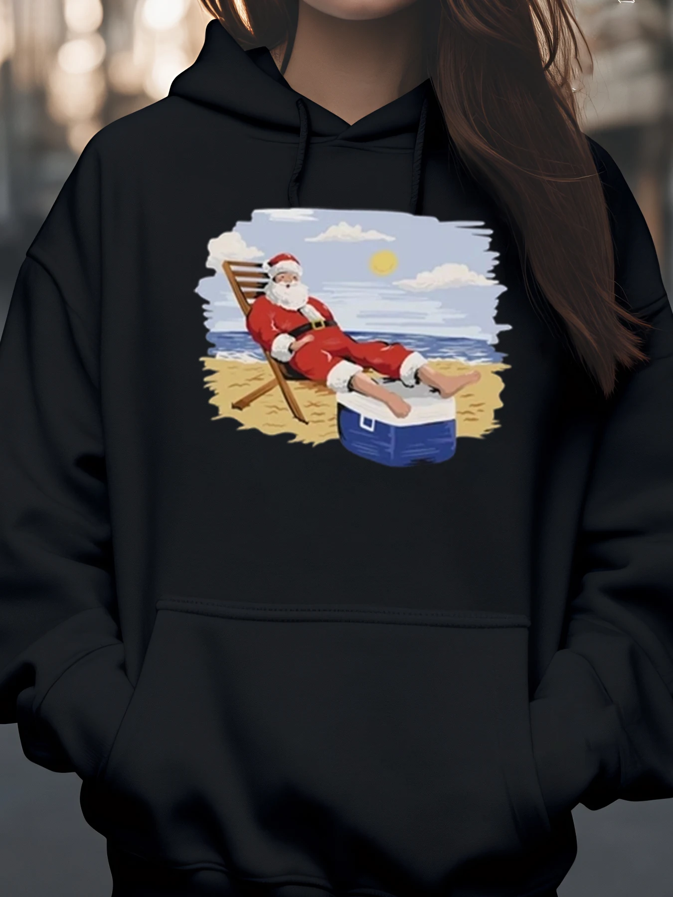 해변 의자 위의 산타 크리스마스 휴일 후드티 캐주얼웨어 여성 남성