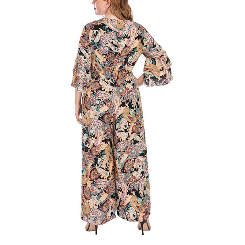 Tinaa Plus Size Jumpsuits Women 2025 Spring Print O-neck Flare Sleeve Lazy Comfortable Wide-leg Pant-hem Casual Overall Jumpsuit