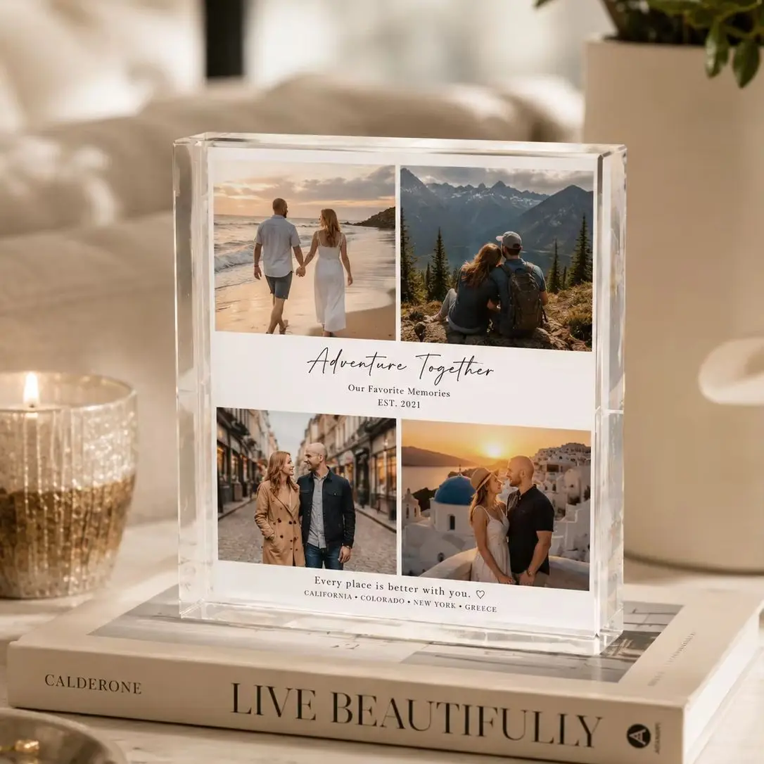 A Custom Acrylic Desktop Decoration with Personalized Photo Options, Including Artistic Images, Couple Portraits, and Family Pho