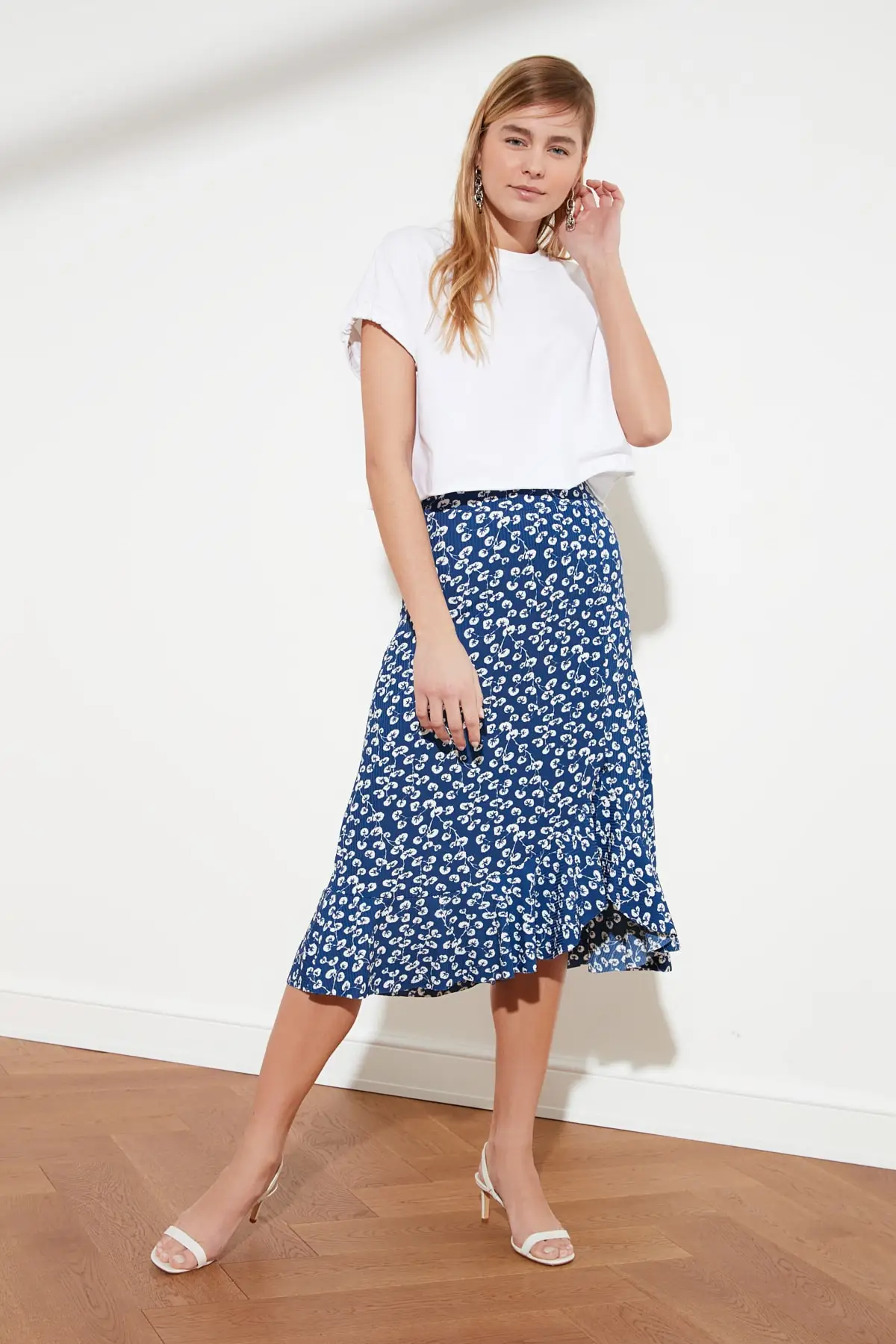 Blue Floral Pattern Knitted Skirt Women Long Skirt Casual Office Wear Summer Spring Wear Elegant Fashion Stylish Casual Fabric