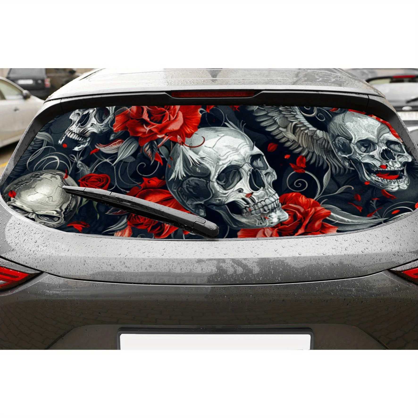 

Dark Rose and Skull PVC Perforated Car Vinyl Wraps, Privacy Enhancing Design for Rear Window, Car Rear Windshield Sticker for Mo