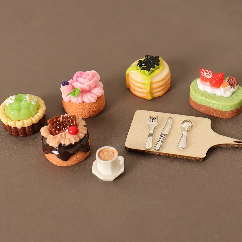 1/12 Poppenhuis Simulatie Koffie Cake Dessert Set Poppenhuis Mini Keuken Dienblad Servies Accessoires Poppen Huis Decoratie