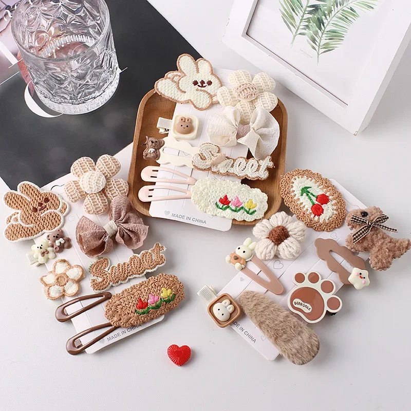 

8pcs/set Cartoon Furry Kids Girl Hair Clip Sweet Princess Bear Bunny Bow Floral Children Hair Pin Kawaii Headwear Accessories