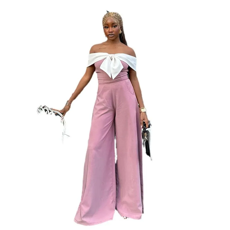 

Prowow Sweet Pink Women Clothing Set Bow Shoulderless Cropped Tops High Waist Wide Leg Pant Two Piece Suits Birthday Party Wear