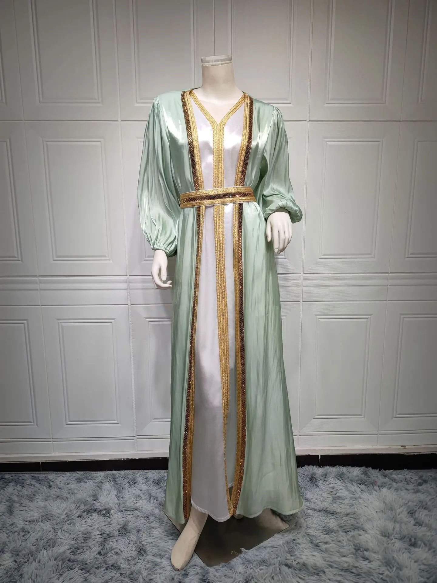 Imagem -06 - Conjunto Muçulmano Abaya Vestido Formal para Mulher Ramadan Elegante Femme Jalabiya Robe Eid Marroquino Kaftan Islâmico Turquia Roupas Peças