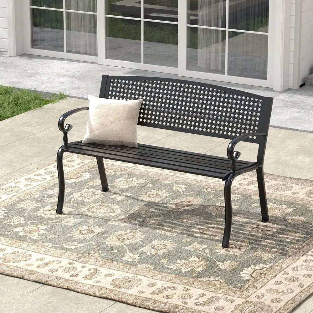 

Bench, 50.4 Patio Metal Frame Garden Bench With Backrest And Curved Armrests For Lawn Backyard, Black