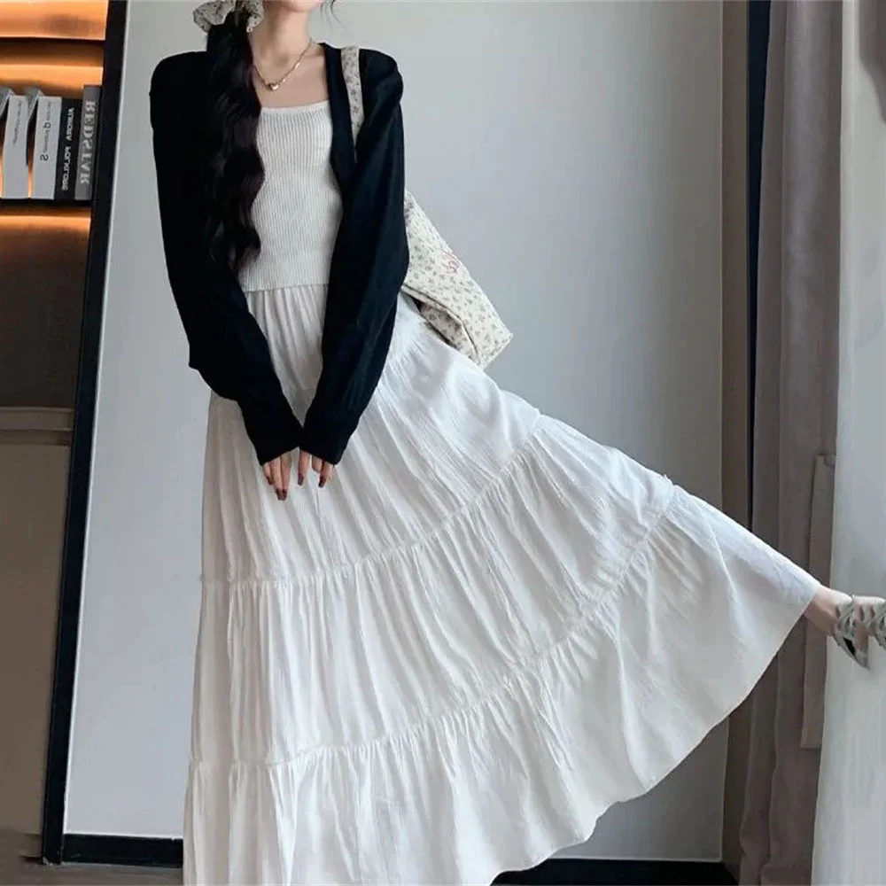 

Korean Fashion Tiered Simple Maxi Skirt Women Elastic Waist Casual Solid Color A-line Faldas Mujer Holiday Streetwear Long Jupes